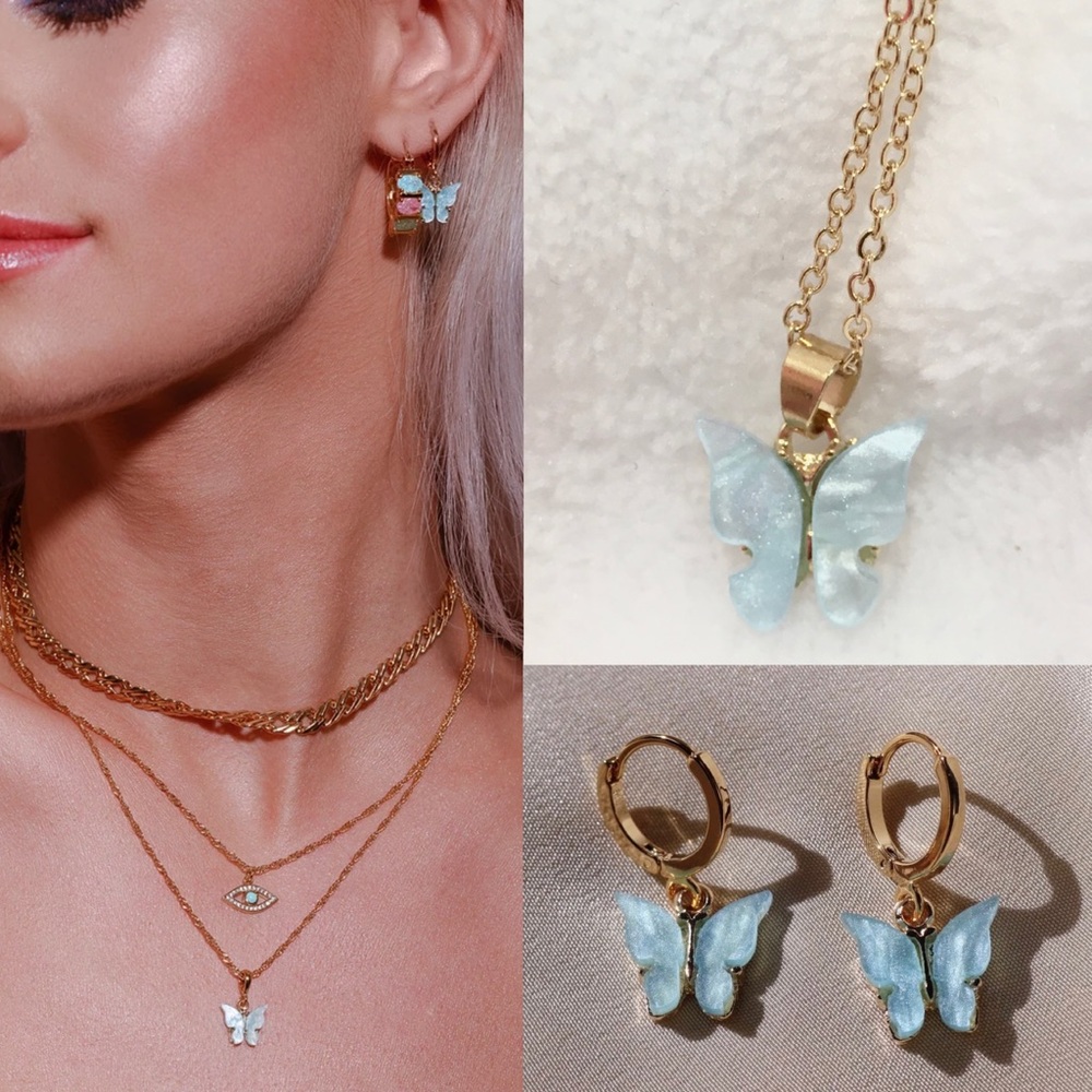 3-$15 Acrylic Butterfly Pendant Necklace & Earrings Set